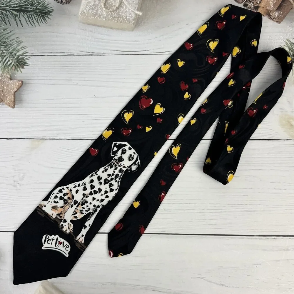 Pet Love‎ Hallmark Men's Necktie Tie Polyester Jacquard Dalmatian Dog Hearts EUC